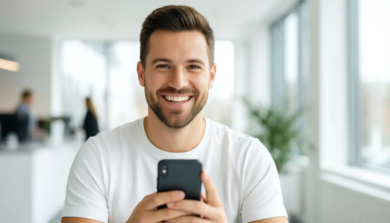 Zufriedener Arbeitnehmer mit Smartphone – alle Benefits im Überblick